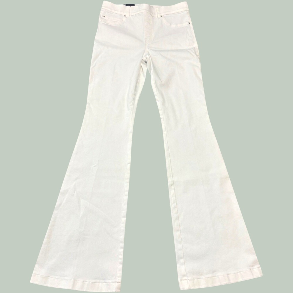 NWT Spanx High Rise Flare Jeans Womens Large White Pull On Shaping Denim Pants